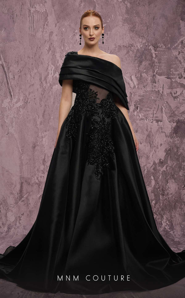 MNM Couture Style J03128 one-shoulder ballgown with a sheer bodice, taffeta skirt, and asymmetrical silhouette. \ Couture Shop LA