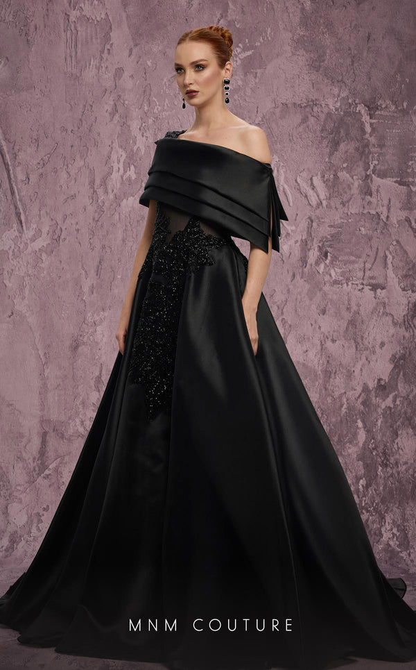 MNM Couture Style J03128 one-shoulder ballgown with a sheer bodice, taffeta skirt, and asymmetrical silhouette. \ Couture Shop LA