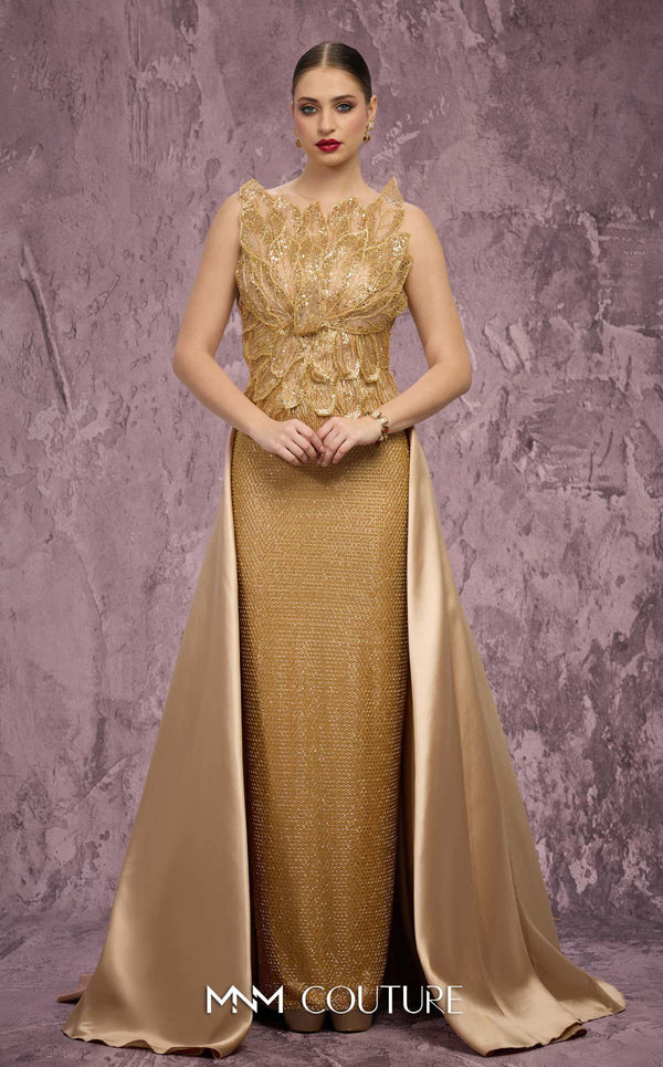 MNM Couture Style J03186 sequined column gown with beaded petals and a satin train. \ Couture Shop LA