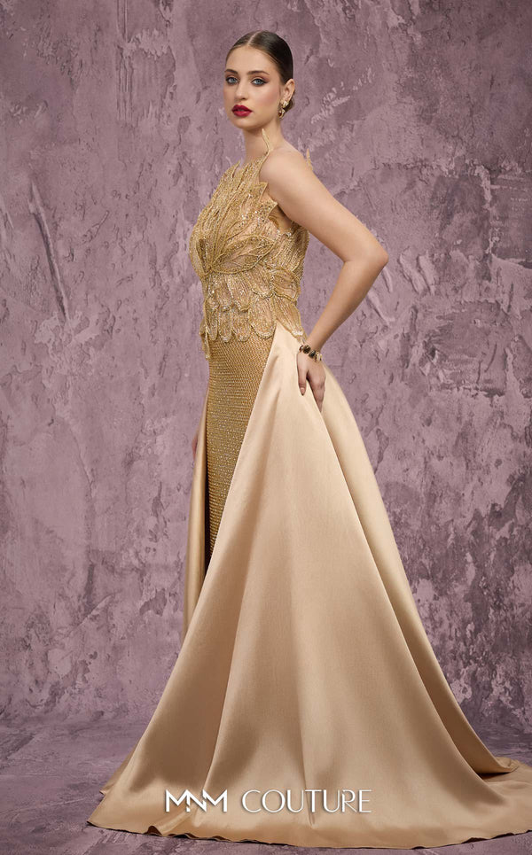 MNM Couture Style J03186 sequined column gown with beaded petals and a satin train. \ Couture Shop LA