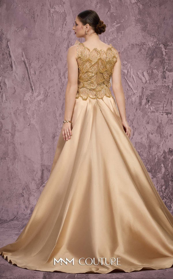 MNM Couture Style J03186 sequined column gown with beaded petals and a satin train. \ Couture Shop LA