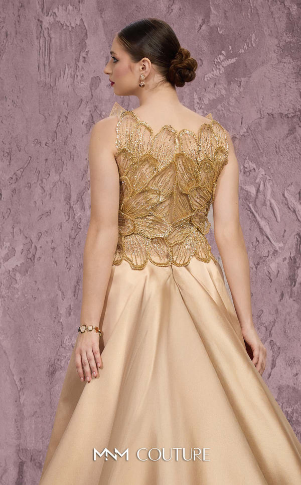 MNM Couture Style J03186 sequined column gown with beaded petals and a satin train. \ Couture Shop LA
