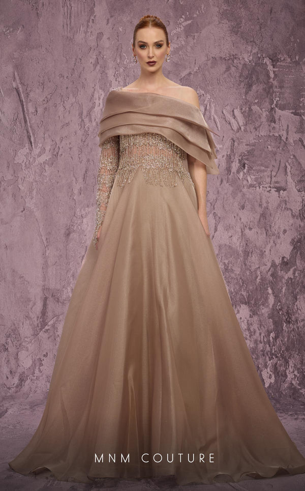 MNM Couture Style J03308 one-sleeved ballgown with beaded fringe, organza skirt, and asymmetrical neckline. \ Couture Shop LA