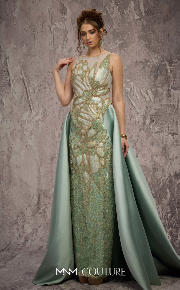 MNM Couture Style J03503 beaded column gown with a double skirt train and sheer neckline. \ Couture Shop LA