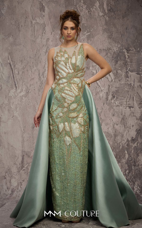 MNM Couture Style J03503 beaded column gown with a double skirt train and sheer neckline. \ Couture Shop LA