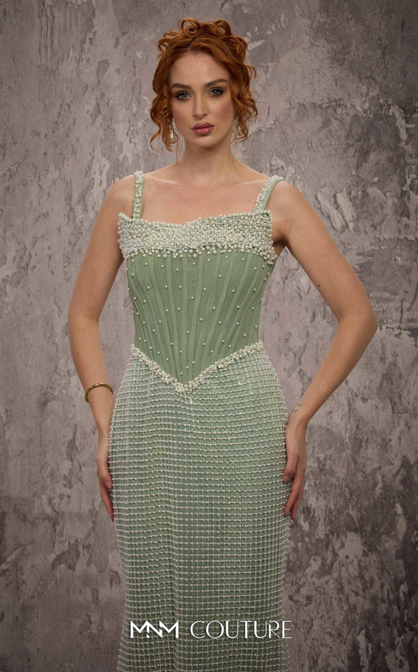 MNM Couture Style J03553 pearl-beaded straight-cut gown with a Molly corset top and train. \ Couture Shop LA