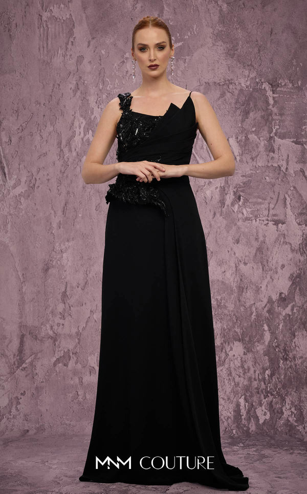 MNM Couture Style J03563 asymmetrical A-line gown with a double skirt, beaded bodice, and peplum waist. \ Couture Shop LA