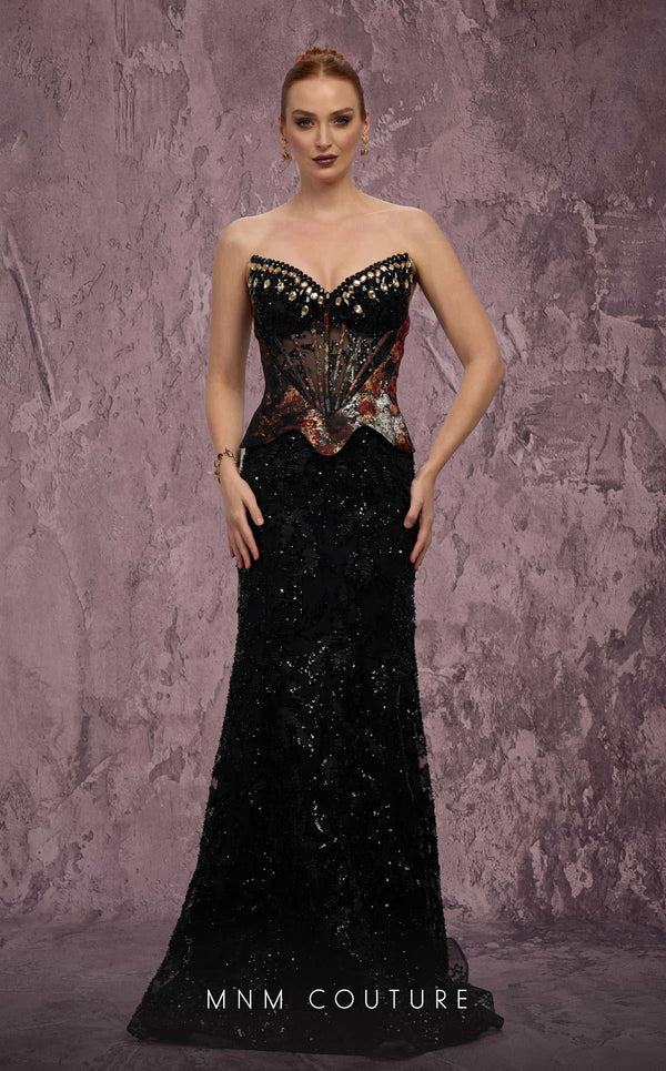 MNM Couture Style J03569 strapless mermaid gown with a beaded corset top, mesh panel, and peplum. \ Couture Shop LA