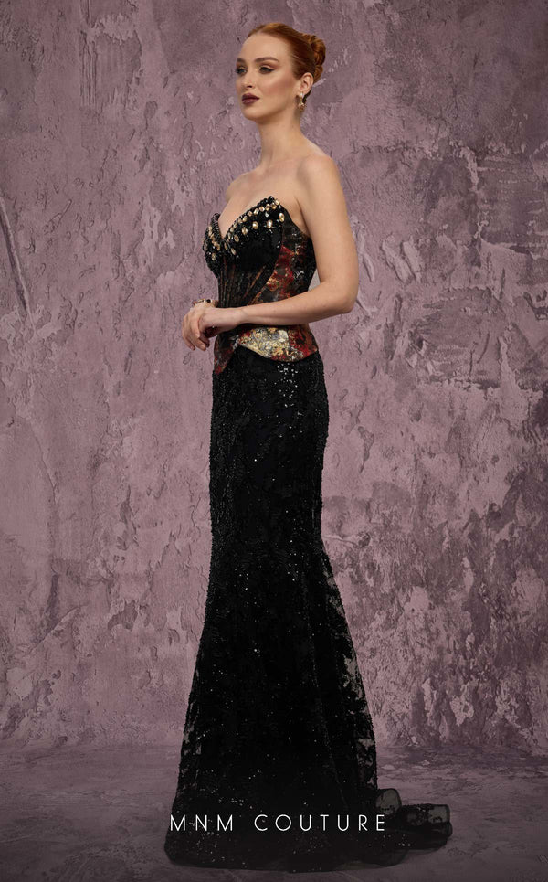 MNM Couture Style J03569 strapless mermaid gown with a beaded corset top, mesh panel, and peplum. \ Couture Shop LA