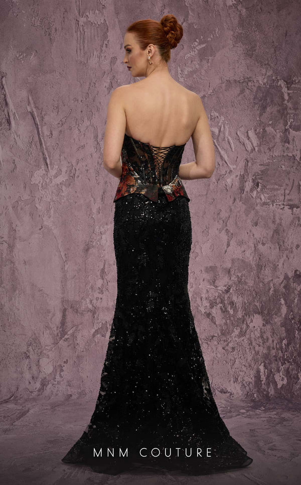 MNM Couture Style J03569 strapless mermaid gown with a beaded corset top, mesh panel, and peplum. \ Couture Shop LA