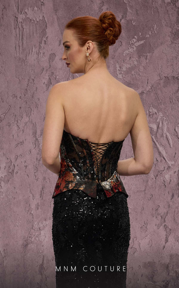 MNM Couture Style J03569 strapless mermaid gown with a beaded corset top, mesh panel, and peplum. \ Couture Shop LA