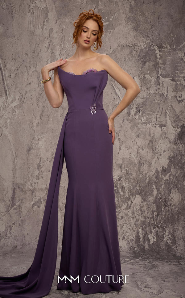 MNM Couture Style J03584 strapless mermaid gown with a crystal sweetheart neckline, asymmetrical bodice, and side train. \ Couture Shop LA