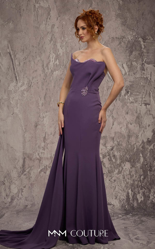 MNM Couture Style J03584 strapless mermaid gown with a crystal sweetheart neckline, asymmetrical bodice, and side train. \ Couture Shop LA