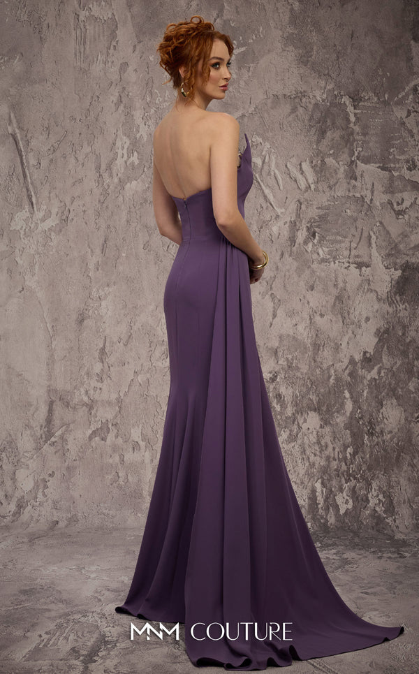 MNM Couture Style J03584 strapless mermaid gown with a crystal sweetheart neckline, asymmetrical bodice, and side train. \ Couture Shop LA