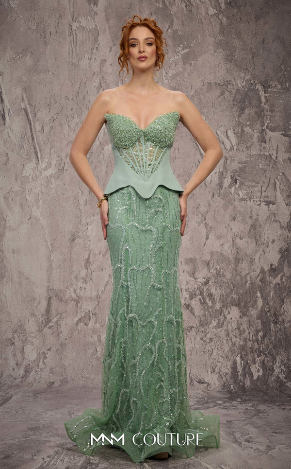MNM Couture Style J03585 lace and beaded trumpet gown with a corset top and dramatic skirt. \ Couture Shop LA