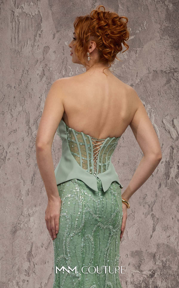 MNM Couture Style J03585 lace and beaded trumpet gown with a corset top and dramatic skirt. \ Couture Shop LA
