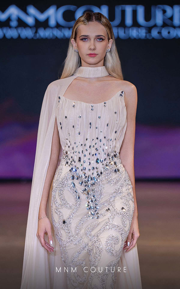 MNM Couture Style J03590 corseted chiffon gown with crystal embellishments and pleated neckline. \ Couture Shop LA