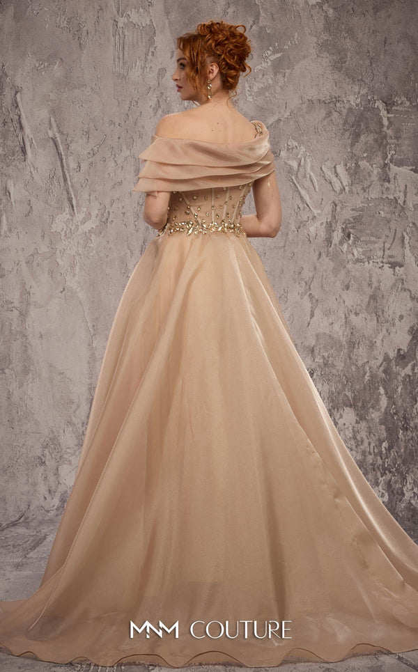 MNM Couture Style J03599 organza ballgown with a corseted bodice, crystal details, and asymmetrical neckline. \ Couture Shop LA