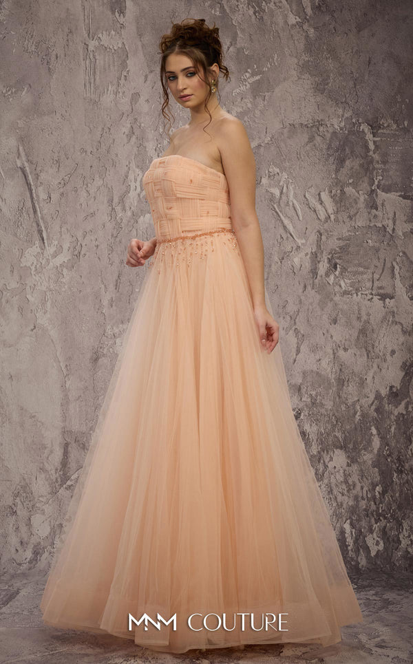 MNM Couture Style J03604 strapless A-line organza gown with a basket-weaved bodice and hanging crystals. \ Couture Shop LA