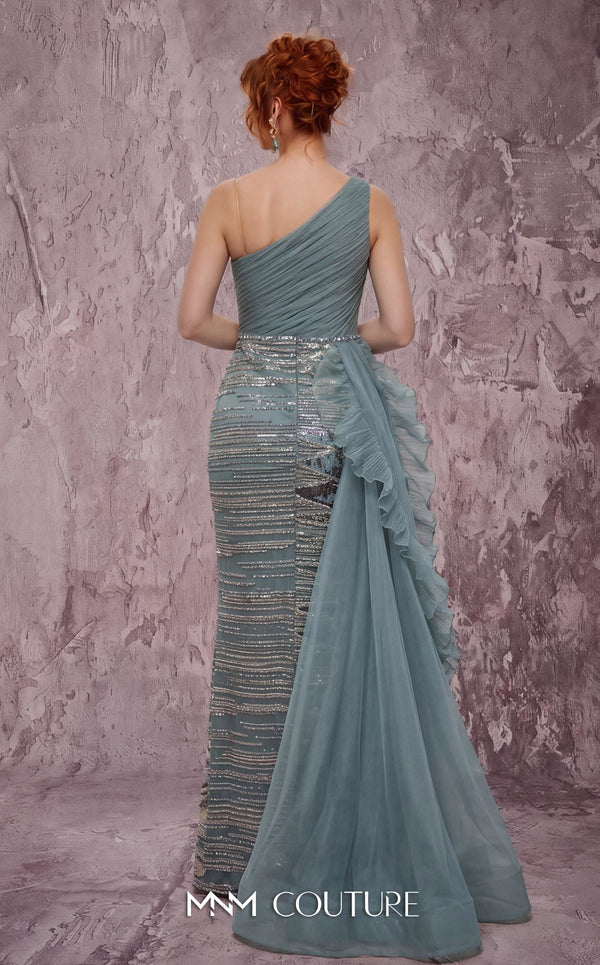 MNM Couture Style J03619 one-shoulder gown with ruched detailing, crystal embellishments, and a ruffled train. \ Couture Shop LA