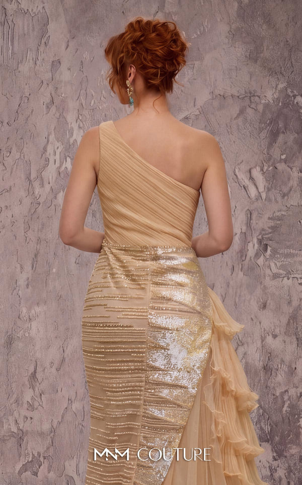 MNM Couture Style J03619 one-shoulder gown with ruched detailing, crystal embellishments, and a ruffled train. \ Couture Shop LA