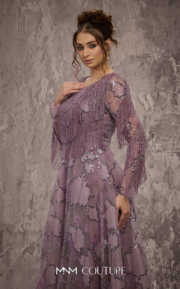 MNM Couture Style J03621 A-line gown with a fringe beaded top, long sleeves, and sequined details. \ Couture Shop LA