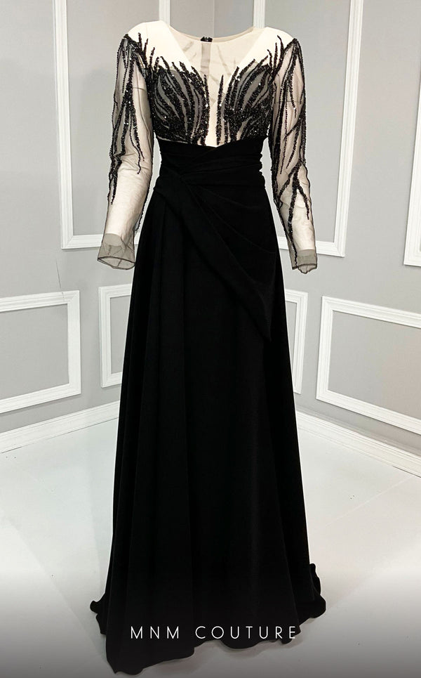MNM Couture K3893 mermaid dress with illusion neckline, sequins, and long cape details. | Couture Shop LA