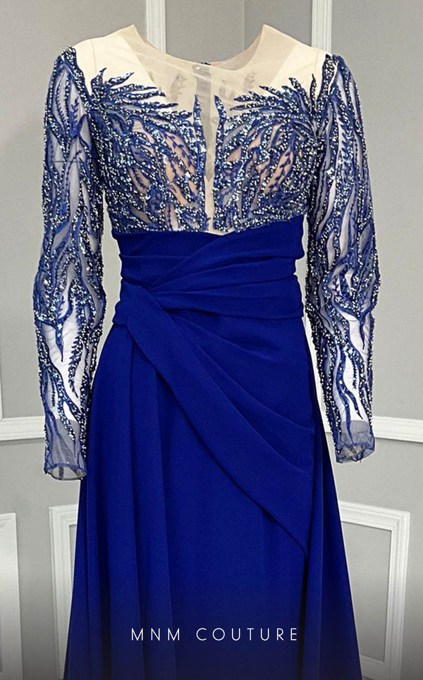 MNM Couture K3893 mermaid dress with illusion neckline, sequins, and long cape details. | Couture Shop LA