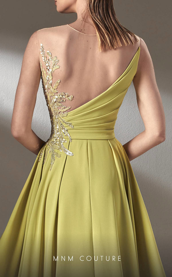 MNM Couture K3903 A-line dress with illusion neckline and side slit details. | Couture Shop LA