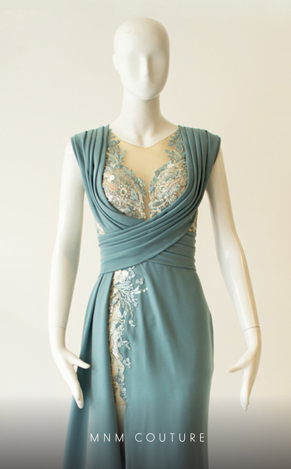 MNM Couture K3915 seaf mermaid gown with criss-cross pleats and side cape | Couture Shop LA