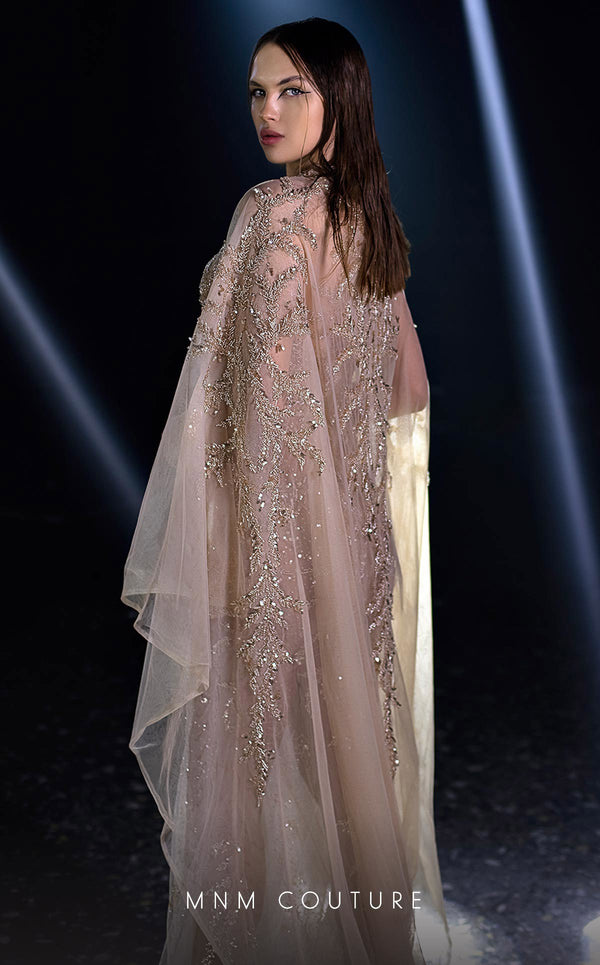 MNM Couture K3960 beige mesh semi-flared gown with illusion halter neckline and cape train | Couture Shop LA