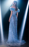 MNM Couture K3963 gown with off-shoulder sleeves, corset-boned bodice, and dramatic cascading ruffles. | Couture Shop LA