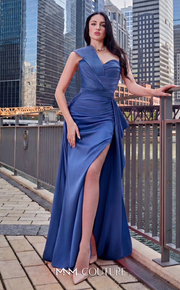 MNM Couture K3979A royal blue satin one-shoulder gown with asymmetric sweetheart neckline, draped bodice, and high side slit | Couture Shop LA.