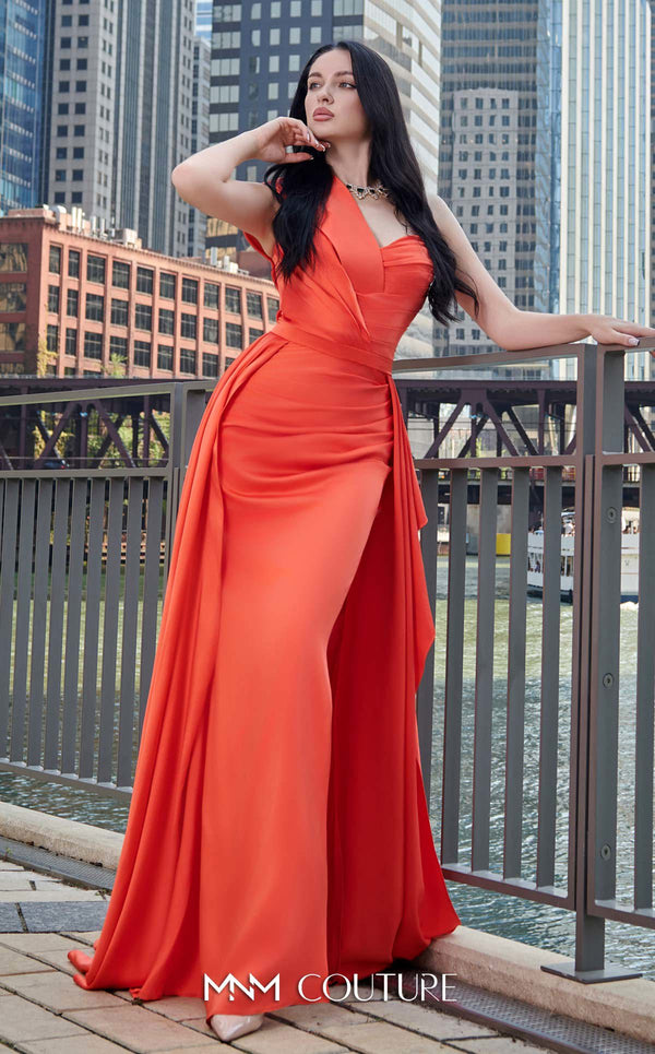 MNM Couture K3979 Satin one-shoulder evening dress with draped train, fitted bodice, and bold slit for a captivating appearance. | Couture Shop LA