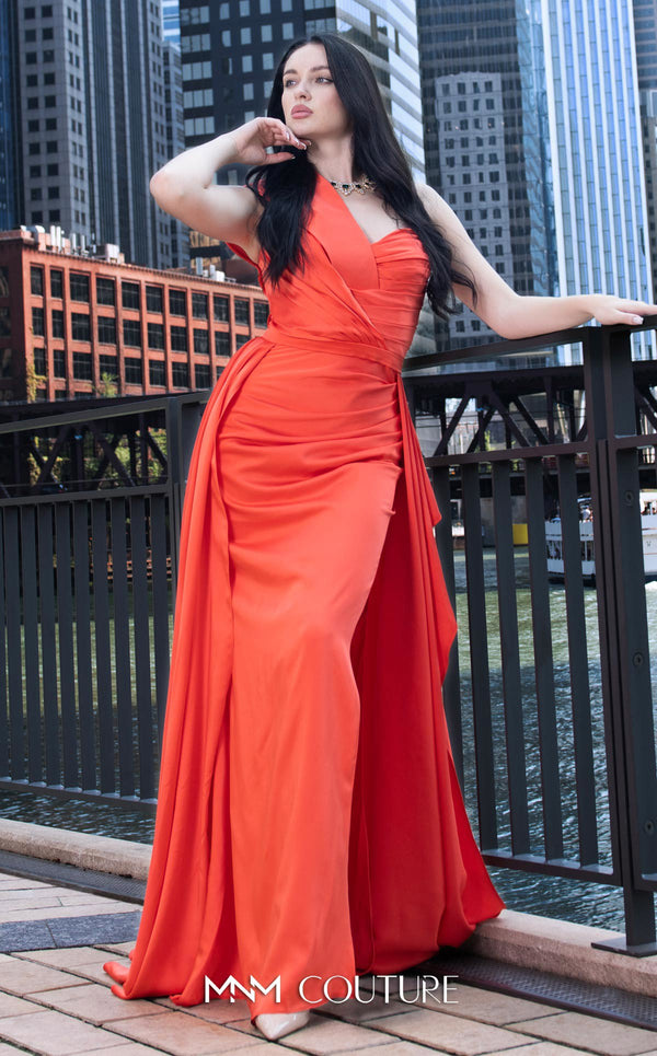 MNM Couture K3979 Satin one-shoulder evening dress with draped train, fitted bodice, and bold slit for a captivating appearance. | Couture Shop LA