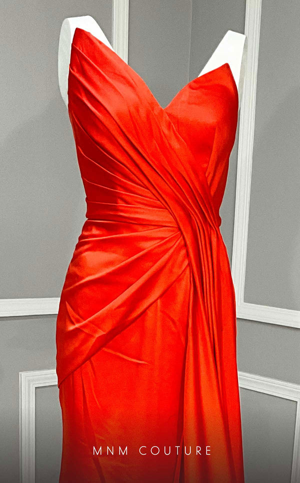 MNM Couture K3982 Strapless satin evening gown with high slit, draped fit, and chic strapless silhouette for red carpet-worthy sophistication. | Couture Shop LA