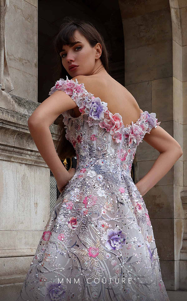 MNM Couture K4013 Strapless A-line embroidered evening gown with floral accents and a flowing silhouette for formal grace. | Couture Shop LA