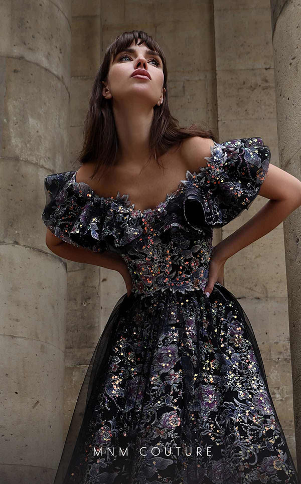 MNM Couture K4018 Strapless embroidered A-line gown with off-shoulder details, ruffles, and flowing skirt. | Couture Shop LA