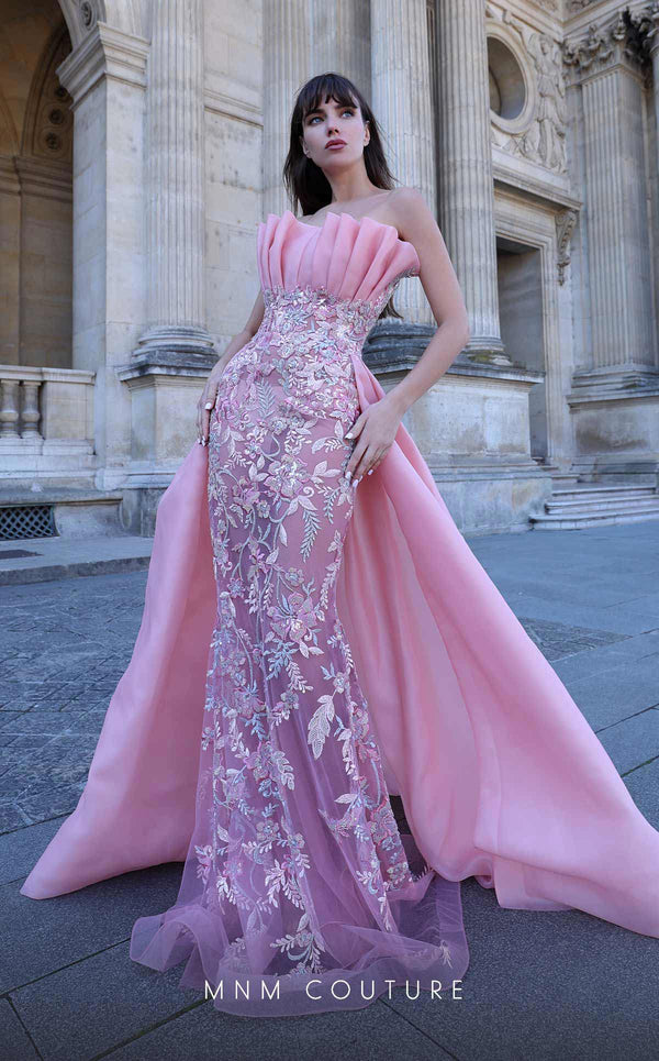 MNM Couture K4023 Strapless organza slim-fit gown with embroidery and overskirt for couture elegance. | Couture Shop LA