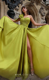 MNM Couture K4026 One-shoulder taffeta gown with ruched bodice and elegant thigh-high slit for glamorous events. | Couture Shop LA