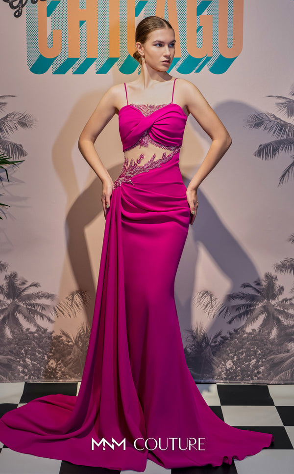 MNM Couture K4081 satin A-line dress with sequins and a cape. | Couture Shop LA