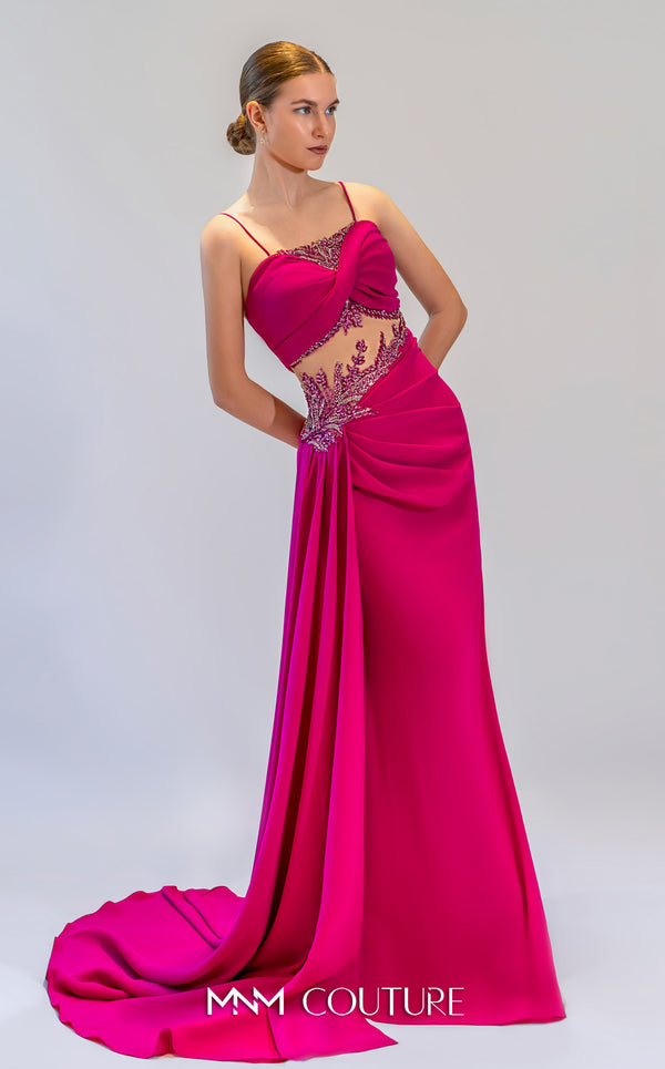 MNM Couture K4081 satin A-line dress with sequins and a cape. | Couture Shop LA