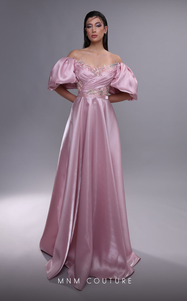 MNM Couture K4094 pink silk A-line gown with puffed sleeves and embroidered bodice | Couture Shop LA