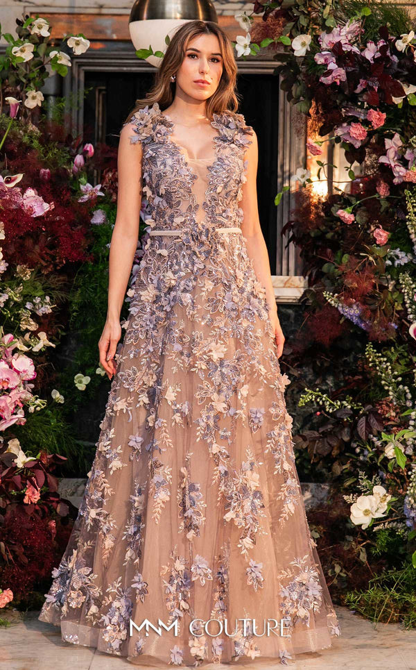 MNM Couture K4106 A-line gown with cap sleeves, floral embroidery, and a plunging V-neckline. | Couture Shop LA