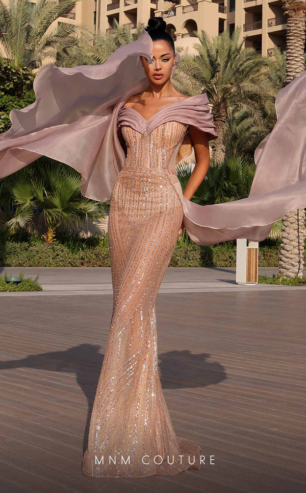MNM Couture K4138 mesh organza fitted dress with ruffle cap sleeves and sequins. | Couture Shop LA