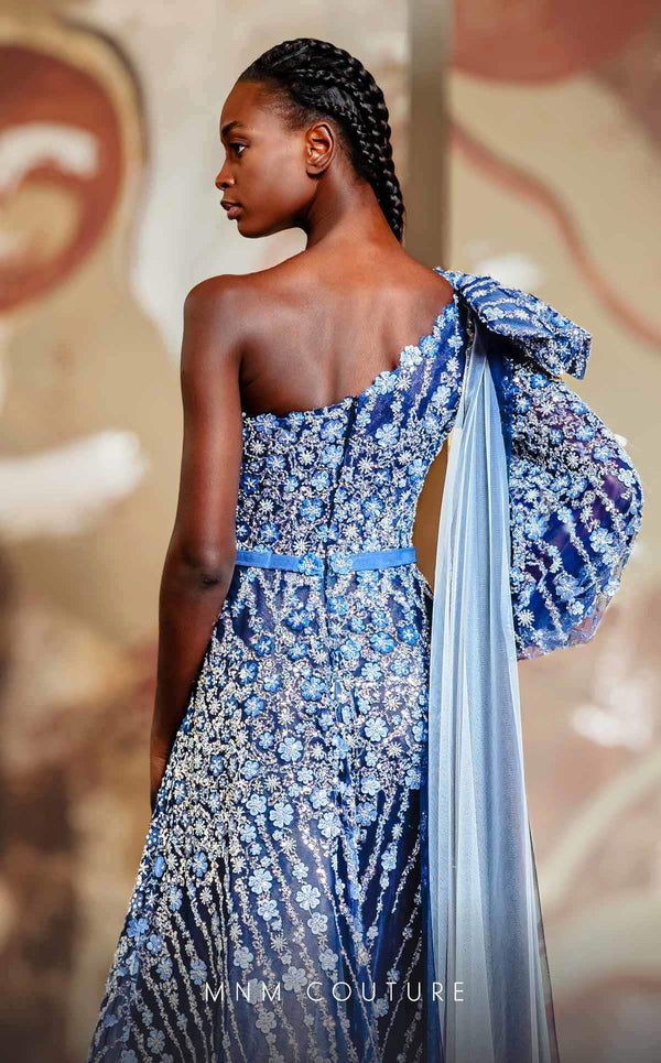 MNM Couture K4147 A-line gown with bishop sleeves, floral embroidery, and a graceful floor-length hem. | Couture Shop LA