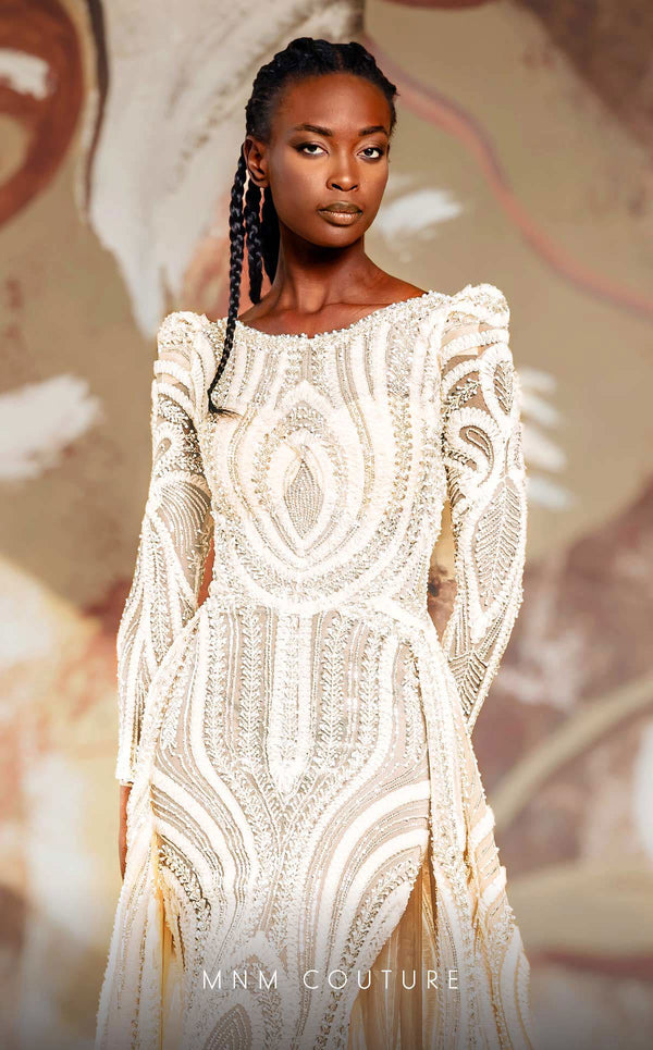MNM Couture K4148 mesh A-line dress showcasing a bateau neckline and elegant long sleeves. | Couture Shop LA