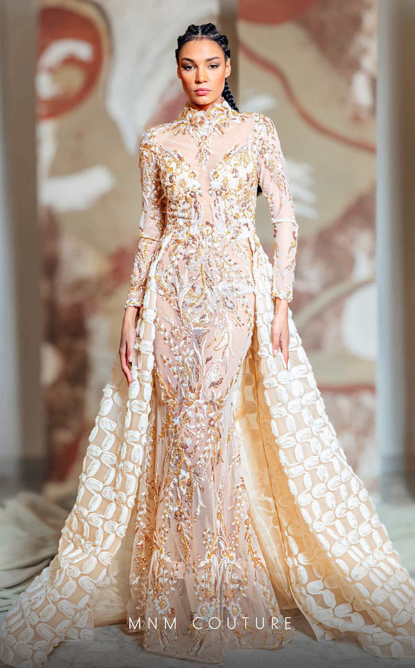 MNM Couture K4149 beige fitted gown with flared skirt and intricate bead embroidery | Couture Shop LA