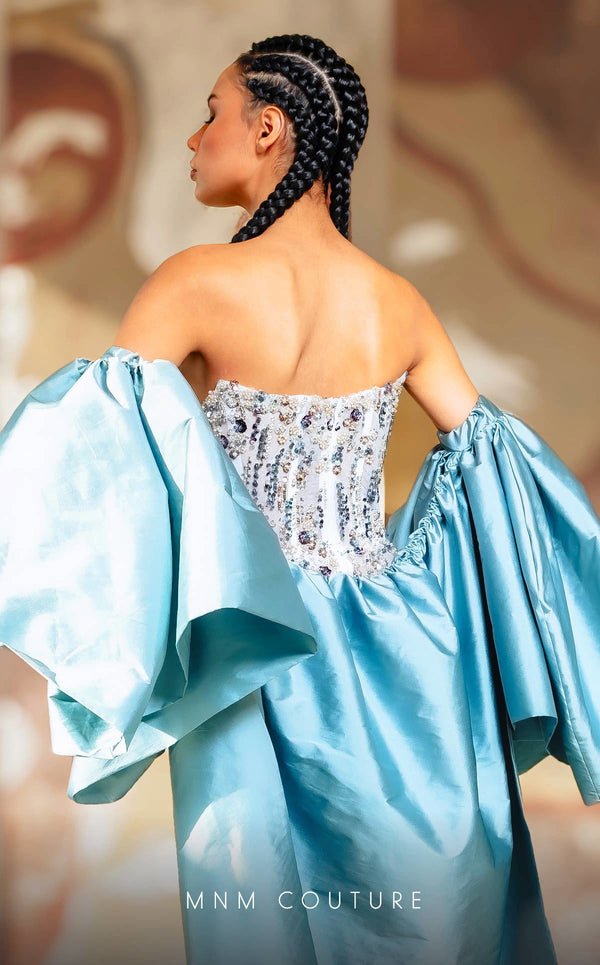 MNM Couture K4174A mesh column dress showcasing elegant embroidery and sequins with removable sleeve caps. | Couture Shop LA