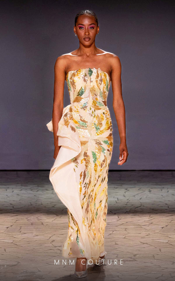 MNM Couture K4190 column fitted dress featuring elegant embroidery, beads, and sequins with a straight across neckline and a stylish side drape. | Couture Shop LA